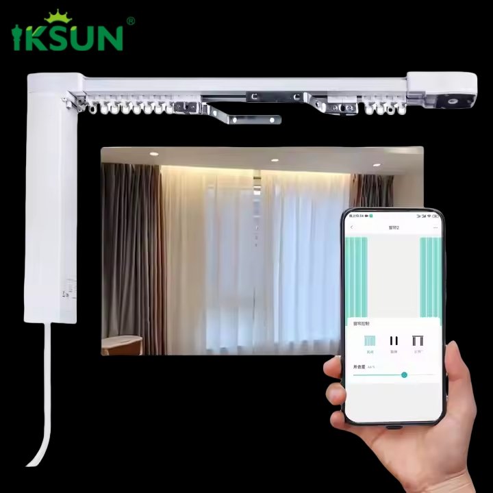 IKSUN Brand New Bedroom Ripple Fold Heavy Duty Aluminium Tuya Smart Wireless Motorized Curtain Track with Ceiling Bracket