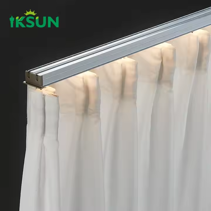 IKSUN Heavy Duty Aluminium Alloy Curtain Rail Smart Home White Curtain Track with LED Light and Remote Control System