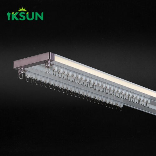 IKSUN New Design Aluminum Heavy-Duty Curtain Track Rail with LED Light for Hotel Double Curtains