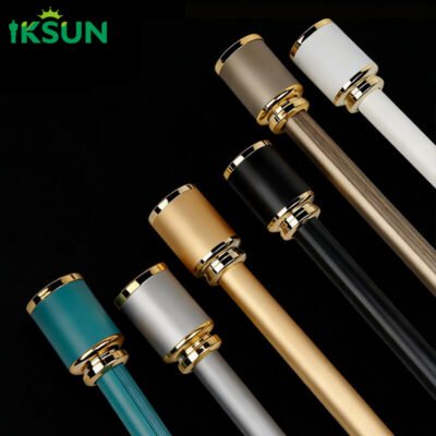 Five aluminum single curtain rods in teal, gold, black, silver, white, and light coffee colors on a black background, featuring a smooth and minimalist appearance with gold ring finial design.
