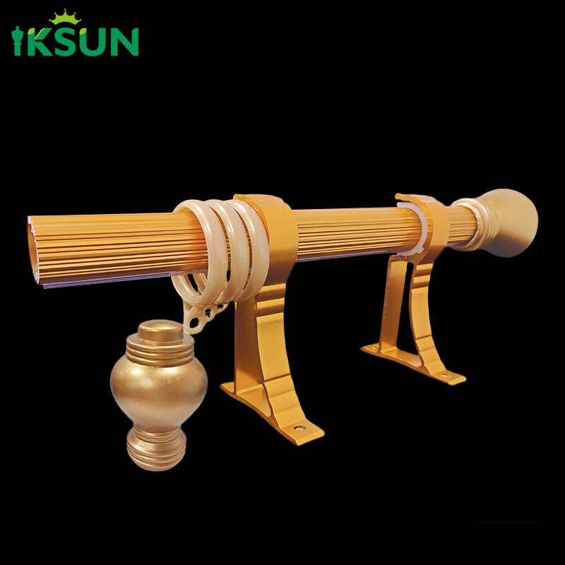 Heavy duty gold roman curtain rod set with brackets and finial.