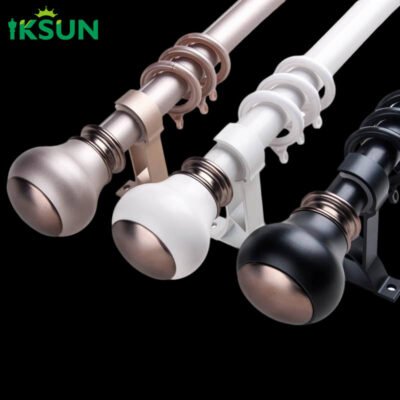 Custom aluminum single curtain rods in black, white, and gold colors on a black background.