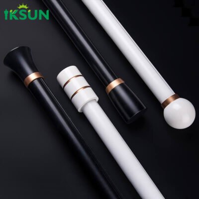 Aluminum single curtain rods in black and white colors with four different finial designs on a black background.