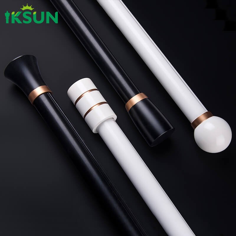 Aluminum single curtain rods in black and white colors with four different finial designs on a black background.