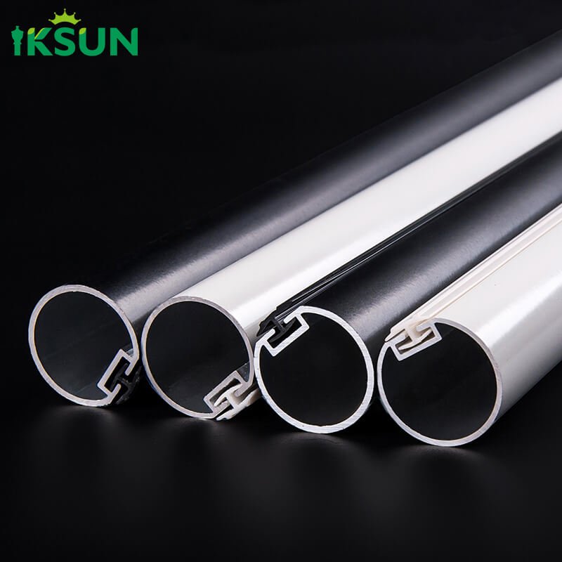 Unprocessed aluminum single curtain rod profile on a black background with smooth surface, customizable.