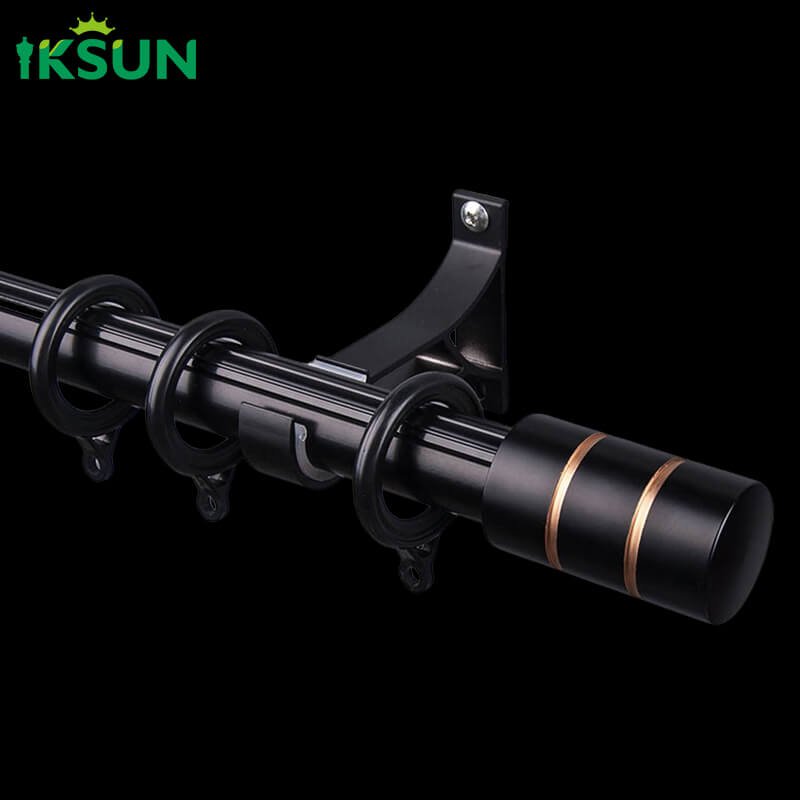 Black aluminum single curtain rod on a black background with cylindrical finial design, customizable.