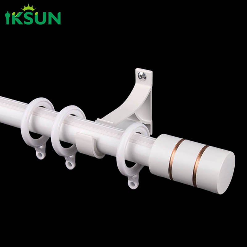 White aluminum single curtain rod on a black background with cylindrical finial design, customizable.