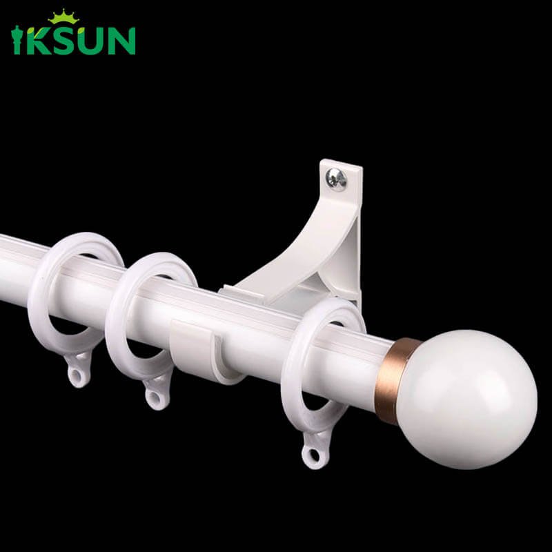 White aluminum single curtain rod on a black background with cylindrical finial design, customizable.