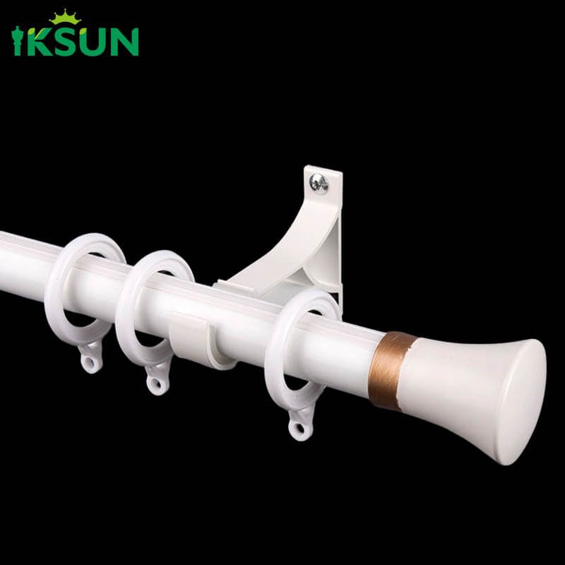 White aluminum single curtain rod on a black background with trumpet-shaped finial design, customizable.