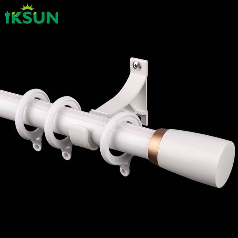 White aluminum single curtain rod on a black background with conical finial design, customizable.