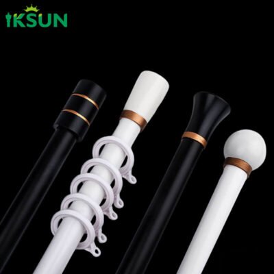 Customizable aluminum single curtain rod on a black background, stylish appearance with various finial designs.