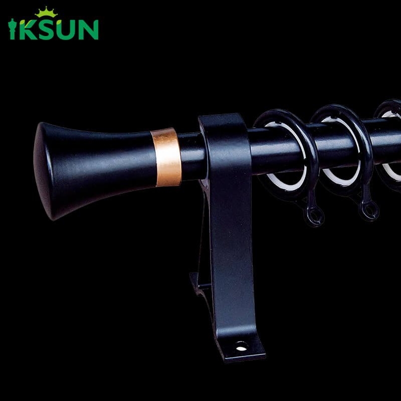Black aluminum single curtain rod on a black background, stylish appearance with trumpet-shaped finial design.
