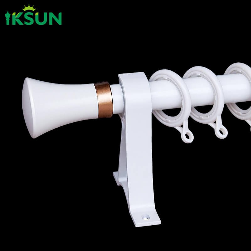 White aluminum single curtain rod on a black background, stylish appearance with trumpet-shaped finial design.