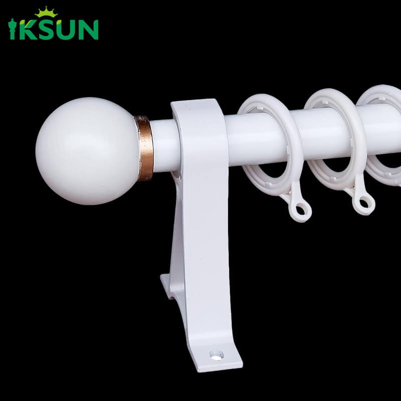 White aluminum single curtain rod on a black background, stylish appearance with spherical finial design.