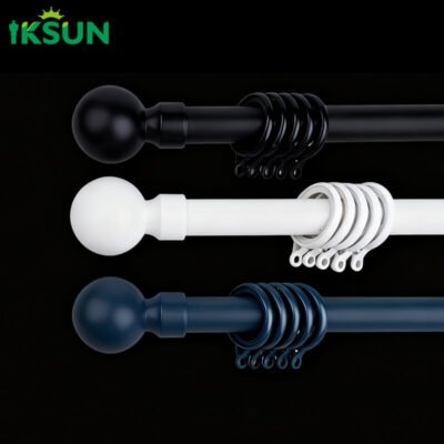 Three aluminum single curtain rods in white, blue, and black colors on a black background, featuring a simple appearance with Roman spherical finial design.
