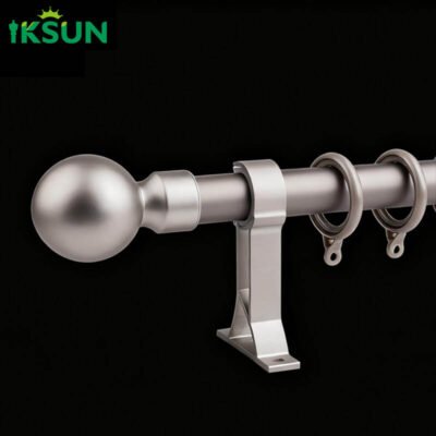 Silver aluminum single curtain rod on a black background, smooth and minimalist appearance with a Roman spherical style design.