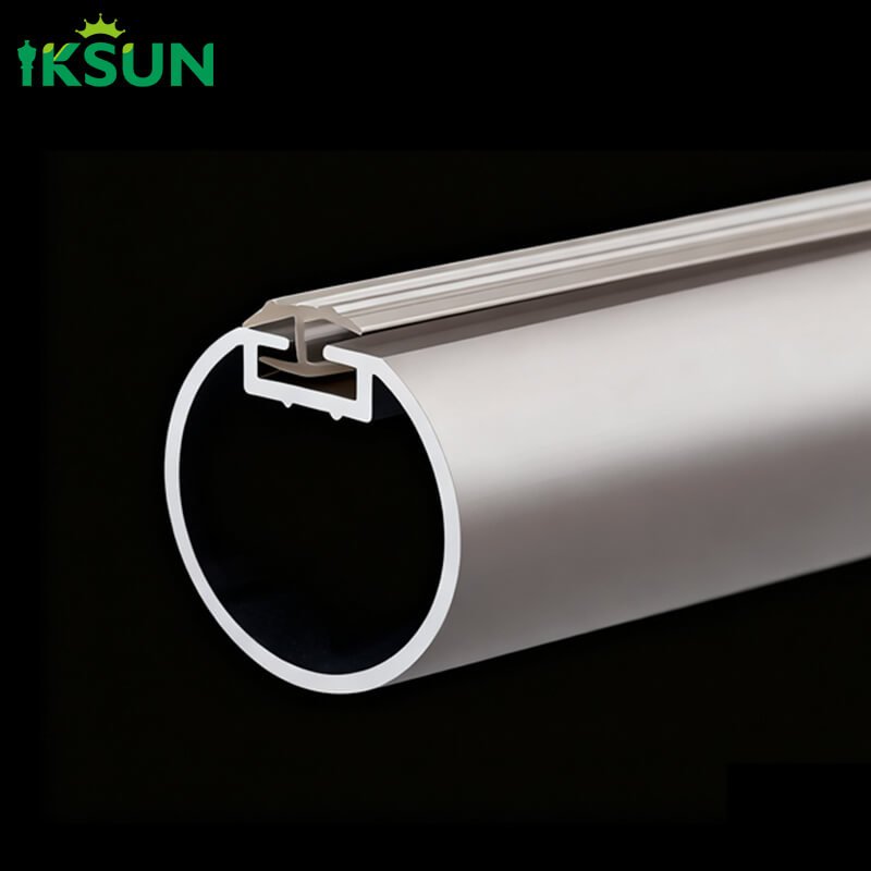 Close-up detail of silver aluminum single curtain rod end cap on a black background, featuring a smooth and burr-free surface.