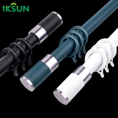 Three aluminum single curtain rods in black, white, and blue colors on a black background, with a modern and minimalist appearance.