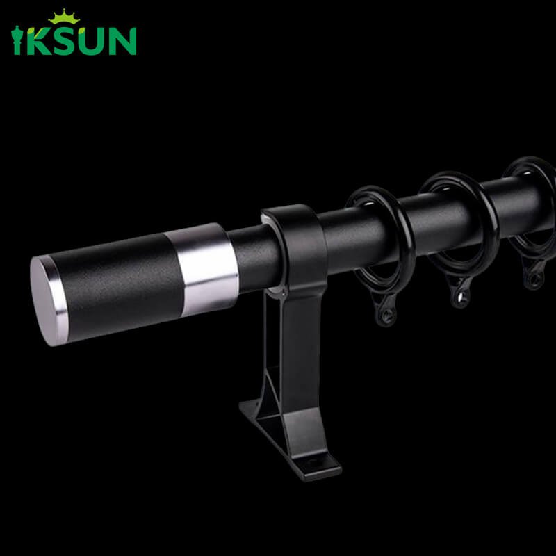 Black aluminum single curtain rod on a black background with silver decorative ring design, customizable color.