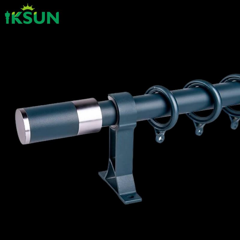 Blue aluminum single curtain rod on a black background with silver decorative ring design, customizable color.