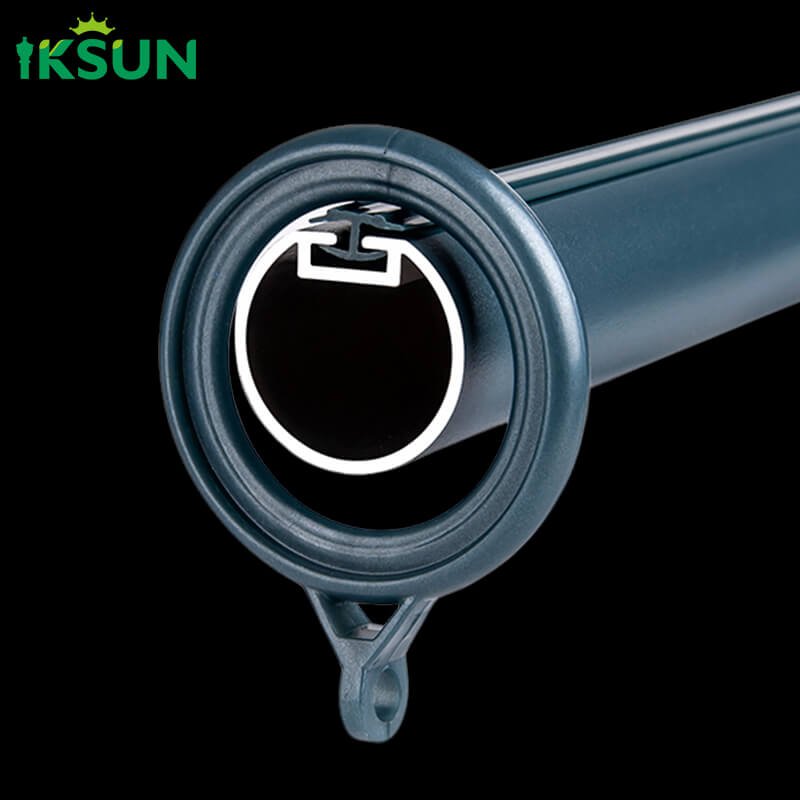 Close-up detail of blue aluminum single curtain rod Roman rod end cap with hooks on a black background.