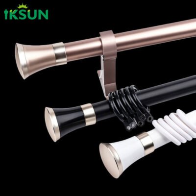 Customizable aluminum single heavy-duty curtain rod in white, black, and rose gold colors on a black background.