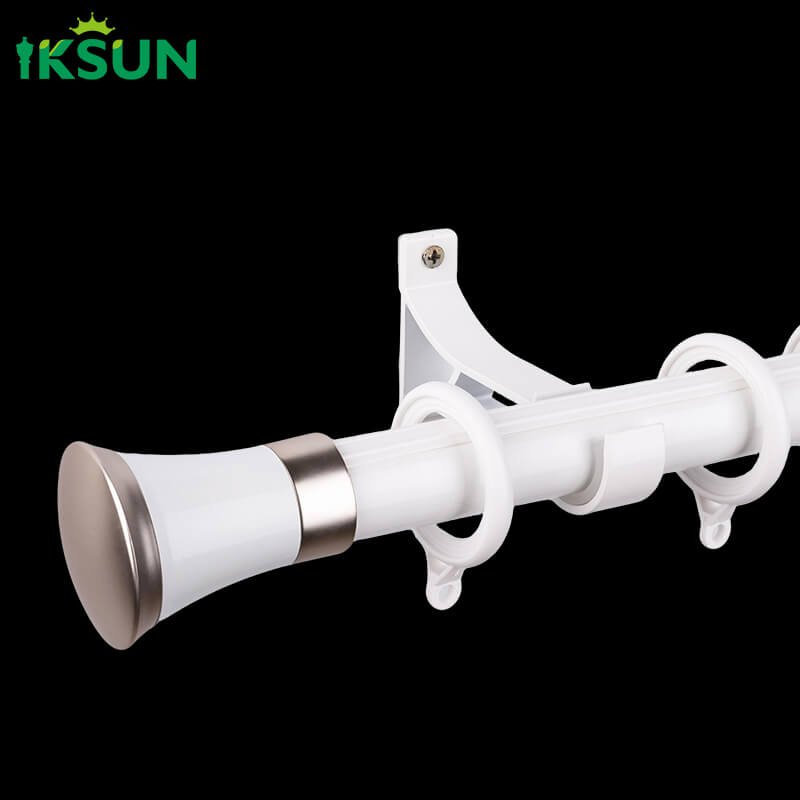 White aluminum single curtain rod on a black background, sturdy construction suitable for heavy curtains.