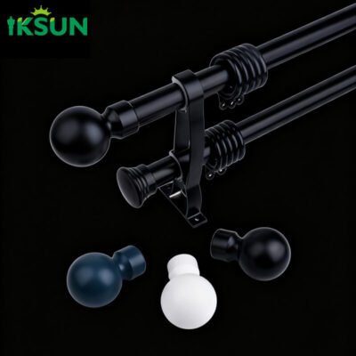 Aluminum double curtain rod on black background with blue, white, and black spherical finials.