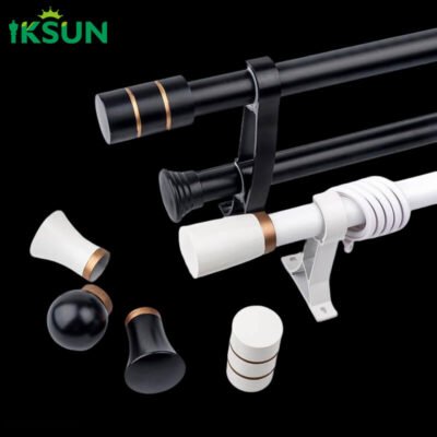 White and black aluminum double curtain rods on black background with four different finial designs.