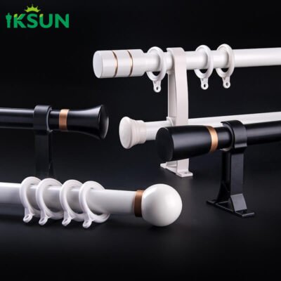 White and black aluminum double curtain rods on black background with hooks, brackets, and finials.