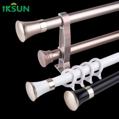 Three aluminum double curtain rods in black background with rose gold, white, and black finishes, modern and minimal design.