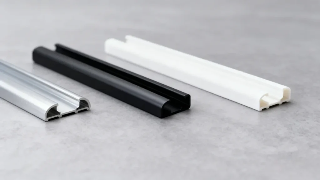 Comparison of aluminium, steel, and plastic curtain tracks showing material differences.