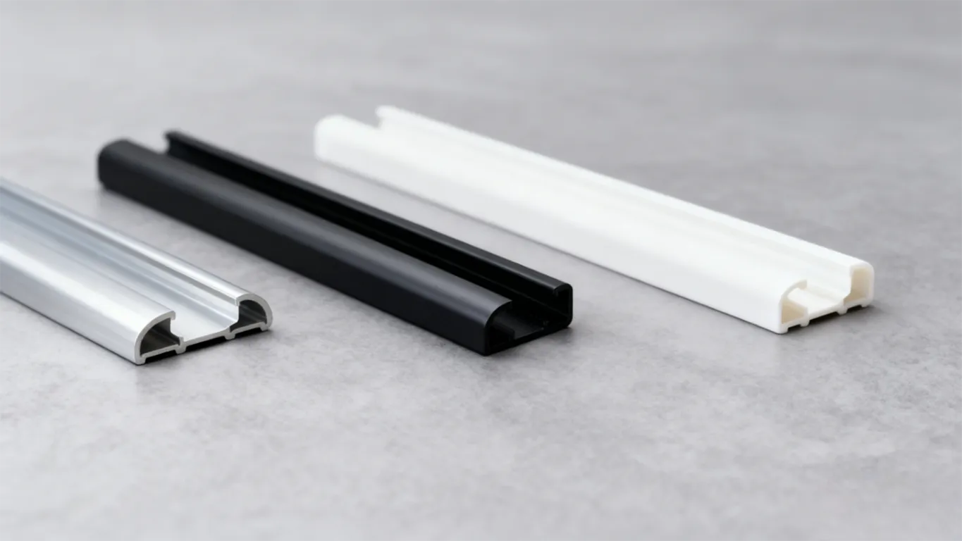 Comparison of aluminium, steel, and plastic curtain tracks showing material differences.