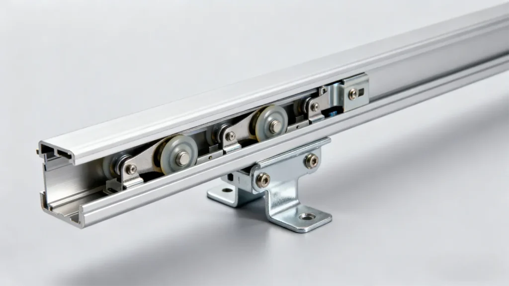 Curtain track structural design showing load capacity, glide system components and mounting brackets.