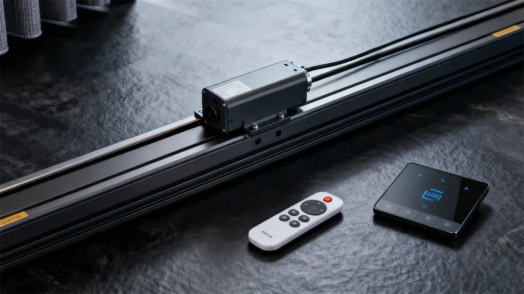 Motorized curtain track system for commercial and residential applications.