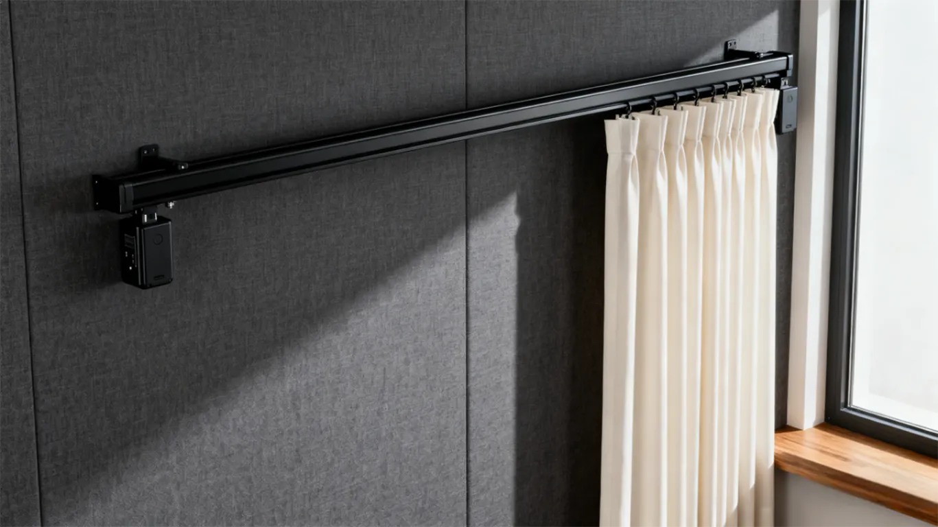 Hero image showing electric curtain tracks in a modern office, ideal for B2B applications.