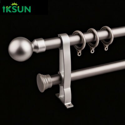 Silver aluminum double curtain rod on black background with smooth surface and silver hooks.