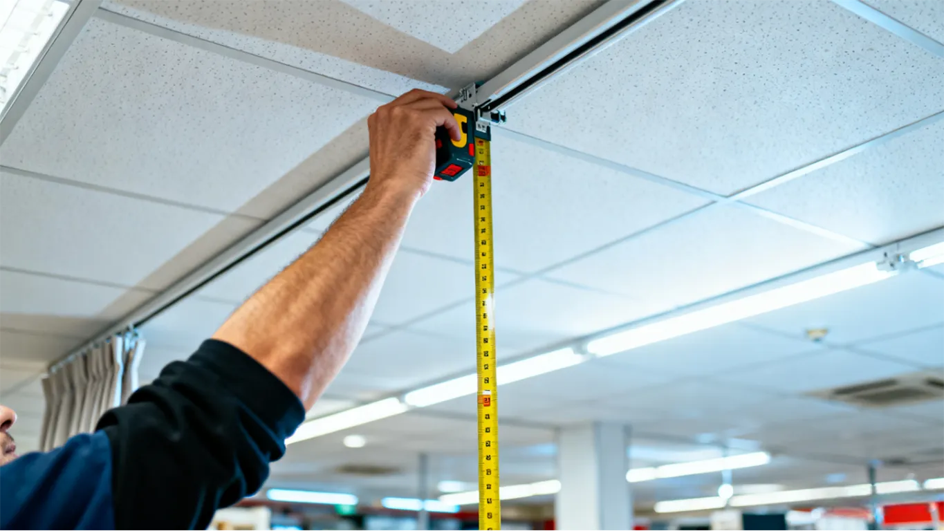 Technician measuring ceiling line for commercial curtain track installation.
